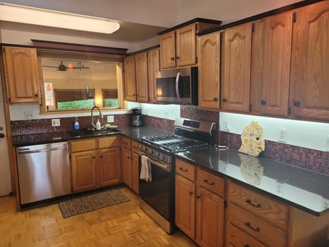 OVERALL:  The modern kitchen, with all appliances (including a dishwasher) and a good collection of cooking and dining supplies.