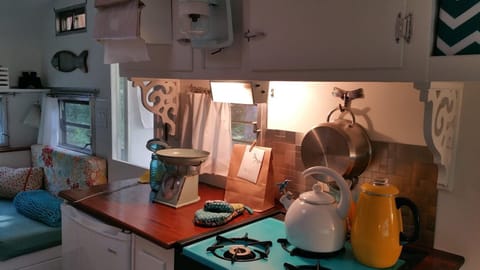 Kitchen with fridge and vintage stove