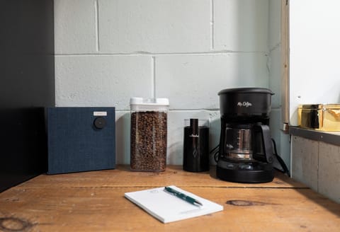 Coffee setup in main basement, kitchen. Drip, french press, grinder & essentials