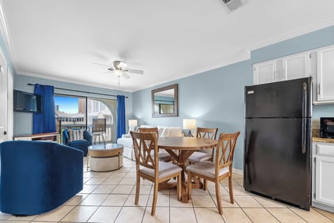 Dining table comfortably seats four.