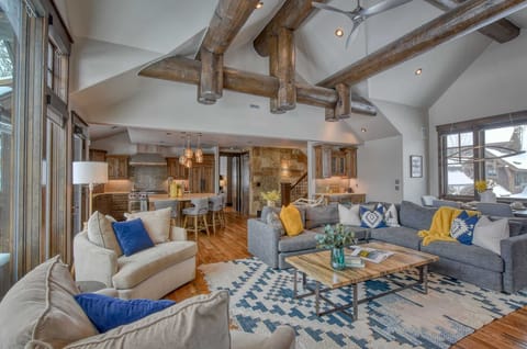 Living room, dining table and kitchen layout