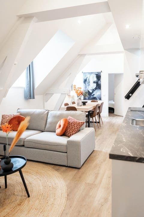 A simple yet stylish layout with a gray sofa and coffee table at the front, and a dining area just behind.