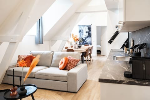 A bright and modern living space with a comfortable sofa, stylish décor, and a sleek kitchen corner, creating a functional and cozy environment.