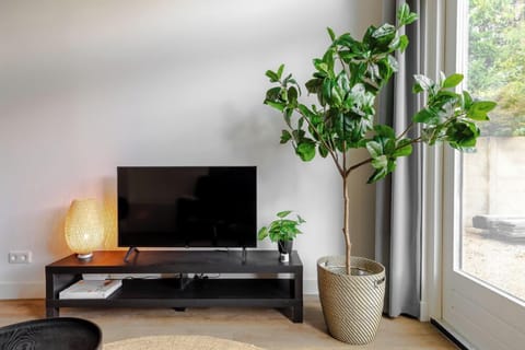 Modern living area with a sleek TV setup creating a relaxing and refreshing ambiance,  perfect for a budget-friendly stay near Tilburg Center, the university, Efteling & Beekse Bergen.