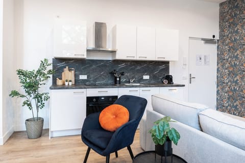 Sleek modern kitchen and living area in studio apartment Tilburg, featuring a black marble backsplash, vibrant decor, and lush potted plants. A great choice for those visiting Tilburg Centrum, Efteling, or Safaripark Beeksebergen on a budget.