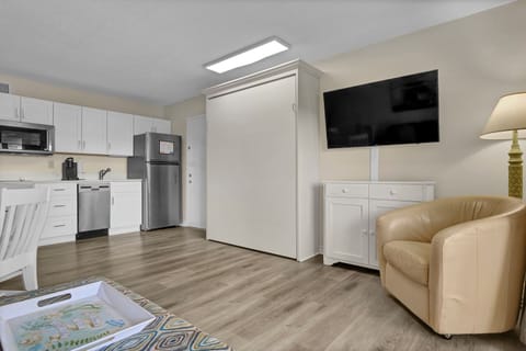 Relax in your modern studio with a comfortable leather chair, flat-screen TV, and fully equipped kitchen featuring stainless steel appliances and ample storage.