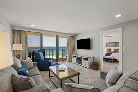 Spacious living room overlooking the beach