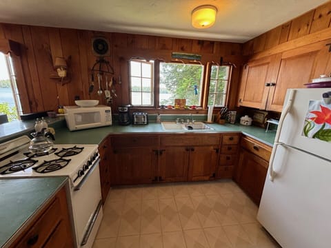 Kitchen offers lake views
