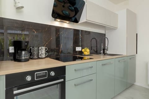 The sleek, fully equipped kitchenette features an induction cooktop, oven, refrigerator, and ample cabinet space.