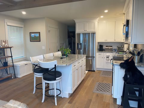 Kitchen island seats four.