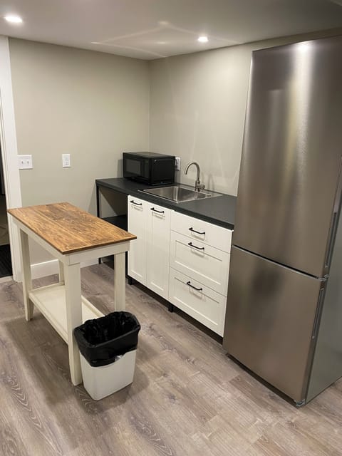 Basement Kitchenette with microwave, fridge/freezer and sink.