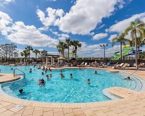 Dive into the refreshing community pool surrounded by lush palm trees and sunshine.