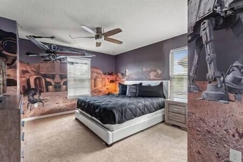 Upstairs Star Wars king size bedroom with smart tv and private ensuite full bathroom.