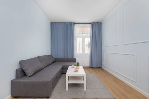 A cozy living room with a gray sofa, blue curtains, and elegant wall paneling. A peaceful space to relax or watch TV.