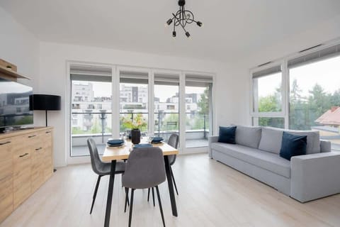 A bright and modern open-plan lounge with a round dining table and large windows that flood the space with natural light.