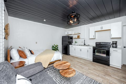 Cozy studio with modern kitchen and open living space.