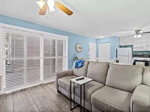Bright living area with a gray sofa and sliding window shutters.