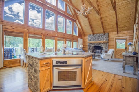 Kitchen with island stove and glass cooktop