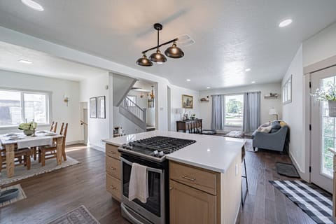 Kitchen, dining, and living room