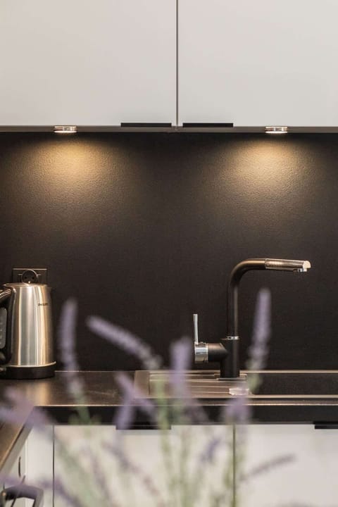 Modern Kitchen – Stylish black-and-white kitchen with oven, stove, and electric kettle.

