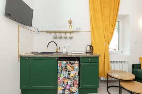 Kitchenette with a microwave.