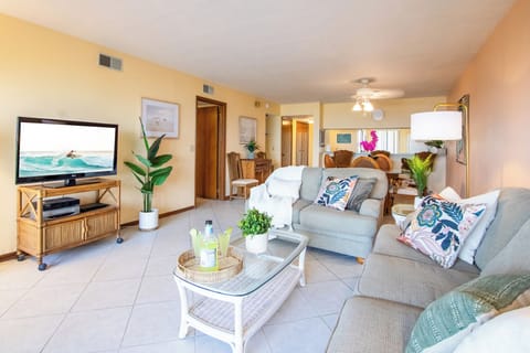 The living room features a sofa, TV and throw pillow.