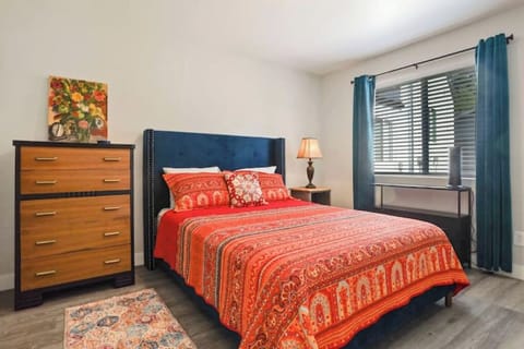 Sleep comfortably on the new queen-sized mattress. Black-out curtains included.
