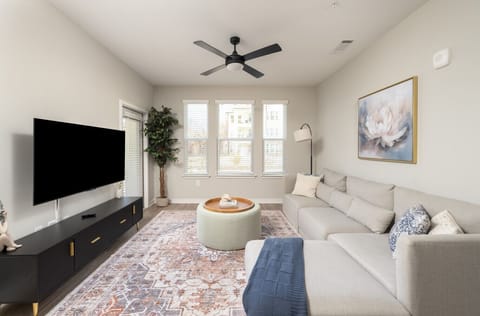 Our living room is where comfort meets calming hues.