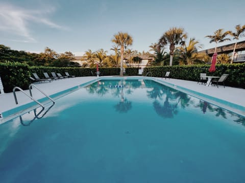 Lovely Communal pool with luscious gardens all around. You have dining tables and lounge chairs available.