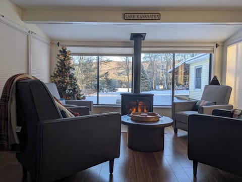 four recliners in our conversation circle by the gas stove, enjoying Lakeview