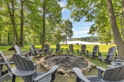 Fire pit overlooking the private lake plenty of space for everyone