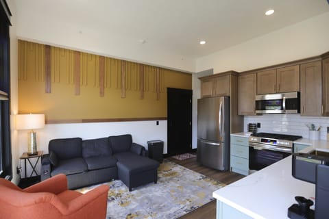 Chic Urban Queen Apt. at the Victorian Unit A living area with kitchen 500 sq. ft.