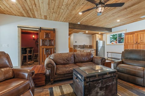 Lower-level game room w gas fireplace, TV, shuffleboard & kitchenette