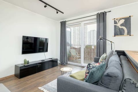 A cosy, bright living room with a sofa bed opposite which a flat-screen TV hangs above a cupboard. 