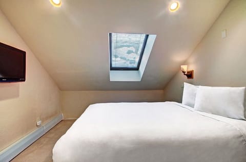 Sleep soundly in the cozy attic bedroom featuring a queen-sized bed, skylight, and modern lighting for a serene atmosphere.