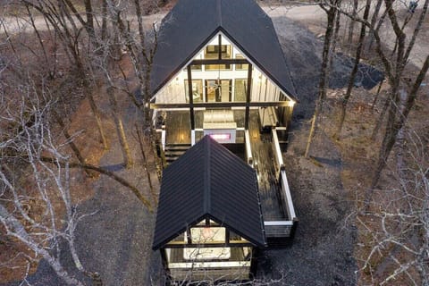 Overhead view of the cabin and hot tub gazebo