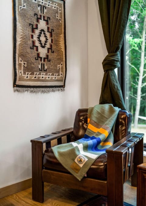 The living room features a record player with Bluetooth speaker capability, a 50" smart TV with YouTube TV subscription, and a couch that converts into a queen-size sleeper sofa.