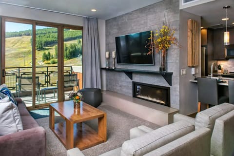 Living room with fireplace, sleeper sofa and patio