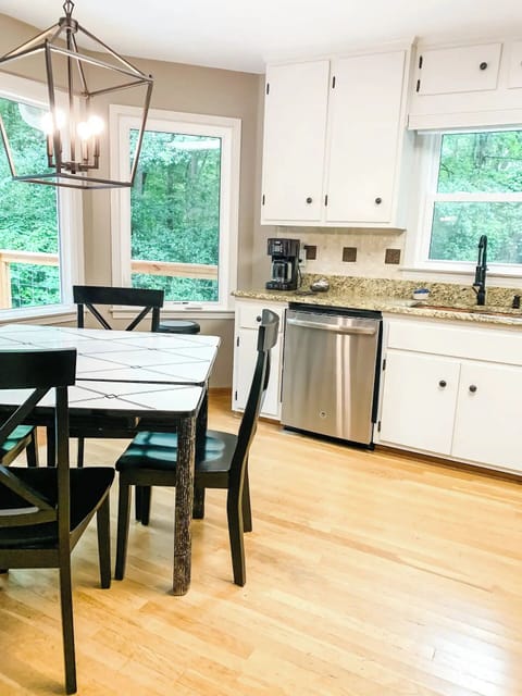 The kitchen has beautiful views of the lake