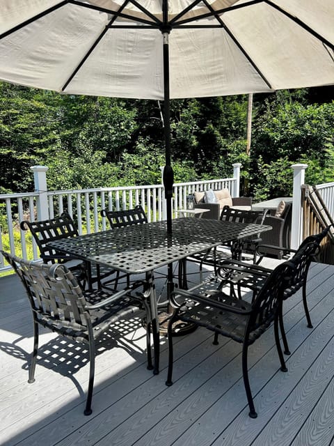 Dining table and umbrella for 6-8 guests.
