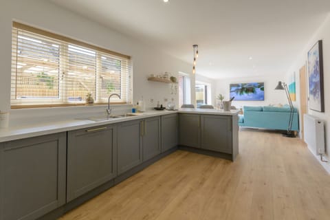 Kitchen area looking onto living area, a huge space.