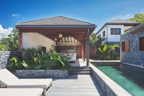 Expansive terrace with sun loungers, long pool. Gas barbecue. 