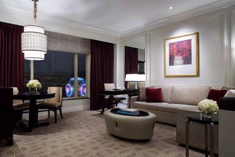 Settle in for a cozy night with dining and lounge space.