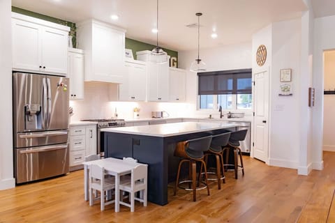 Large kitchen with all kinds of appliances available to use in pantry.   Including instant Pot, Roasting Pan, Large pots for big families, blender, electric griddle, waffle maker and more.