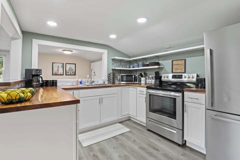 Fully stocked kitchen with drip coffee maker, blender, pots, pans, seasonings, etc. All your kitchen needs are here. 