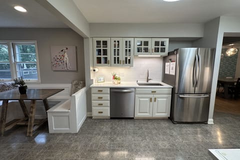 Indoors, Kitchen, Refrigerator, Floor, Flooring