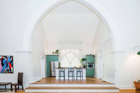 Full shot of the kitchen and it's stunning ceiling.
