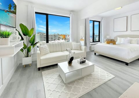 Contemporary Livingroom:
- 55” Smart TV 
- Sleeper Sofa
- City View