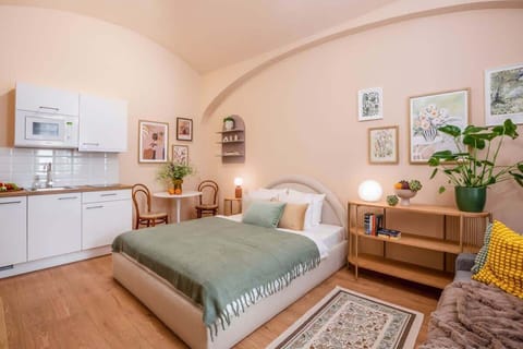 Main room with a queen size bed and a convertible sofa bed