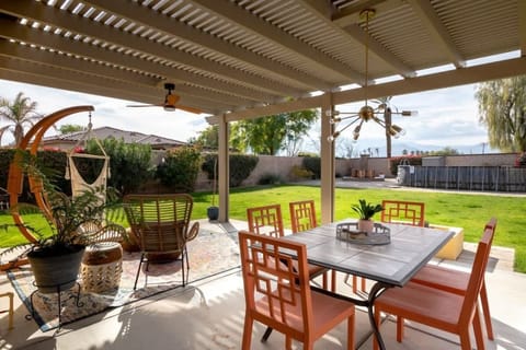 Sunny patio space with seating